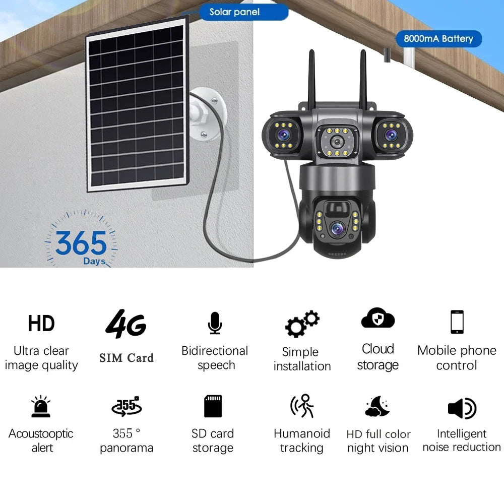 DS 360™ Sentinel 4G Pro 3 Lens IP Solar Camera HD 15 MP Outdoor Waterproof CCTV Night Vision Two-Way Audio Camera Mobile Tracking 4G IP Camera