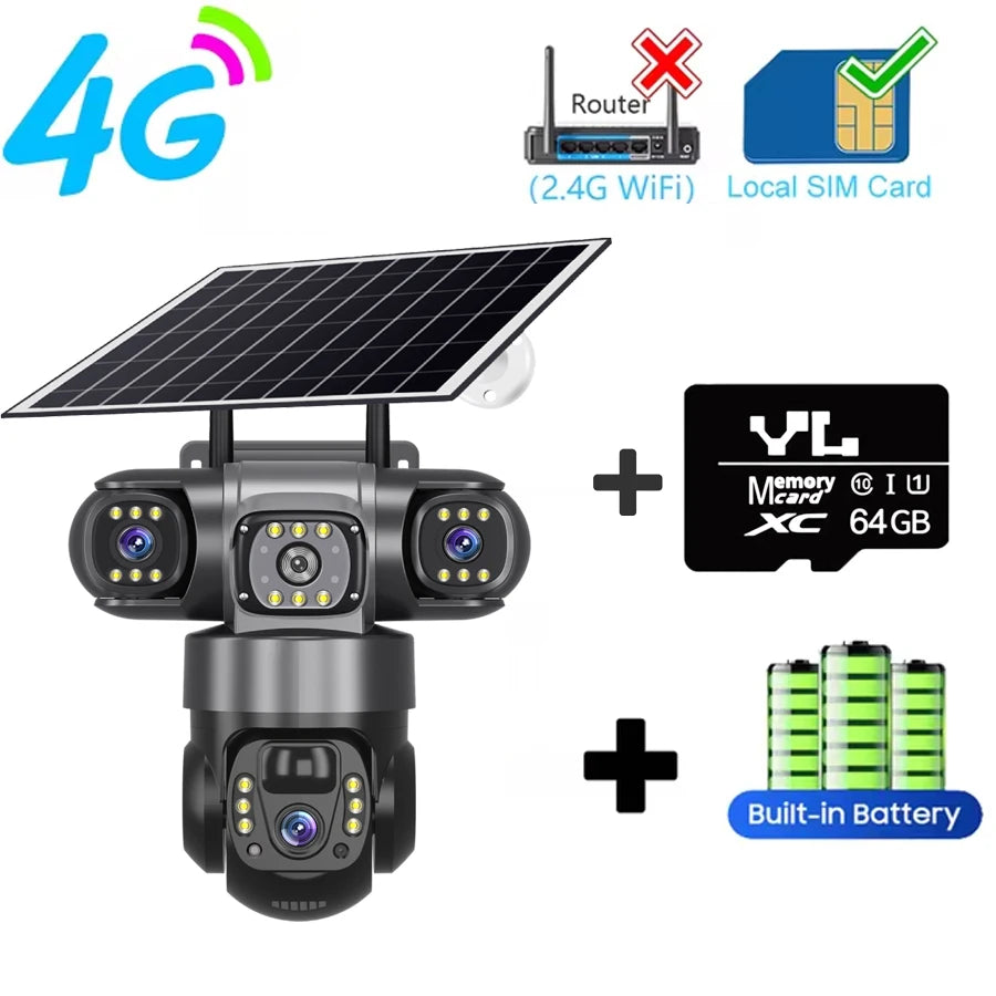 DS 360™ Sentinel 4G Pro 3 Lens IP Solar Camera HD 15 MP Outdoor Waterproof CCTV Night Vision Two-Way Audio Camera Mobile Tracking 4G IP Camera