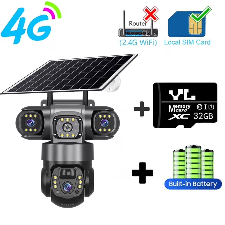 DS 360™ Sentinel 4G Pro 3 Lens IP Solar Camera HD 15 MP Outdoor Waterproof CCTV Night Vision Two-Way Audio Camera Mobile Tracking 4G IP Camera