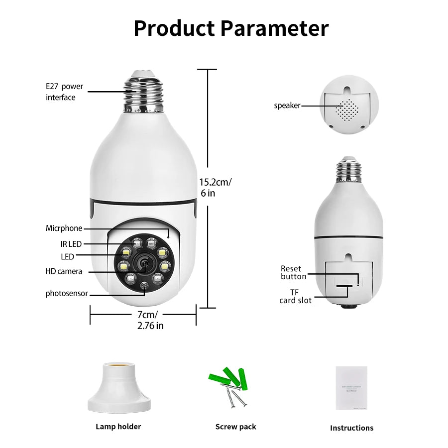 💸 E27 bulb Wifi surveillance camera PTZ night vision full-color HD automatic tracking CCTV 1080P security camera