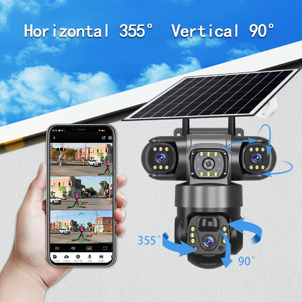 DS 360™ Sentinel 4G Pro 3 Lens IP Solar Camera HD 15 MP Outdoor Waterproof CCTV Night Vision Two-Way Audio Camera Mobile Tracking 4G IP Camera