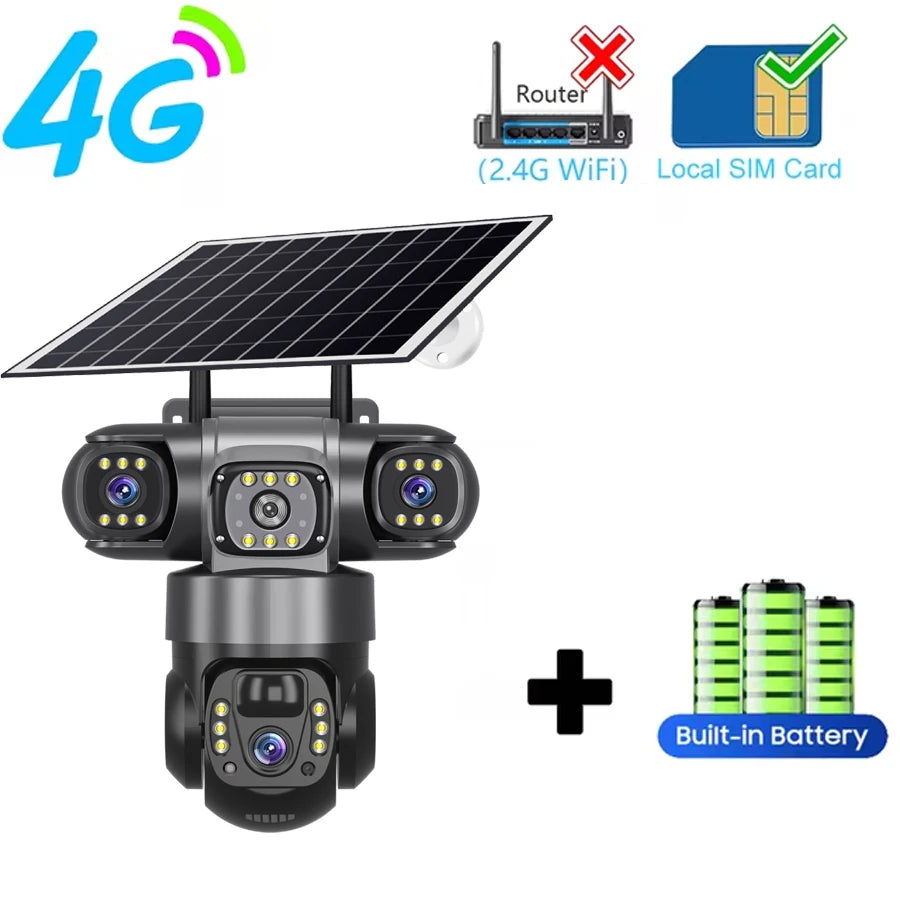 DS 360™ Sentinel 4G Pro 3 Lens IP Solar Camera HD 15 MP Outdoor Waterproof CCTV Night Vision Two-Way Audio Camera Mobile Tracking 4G IP Camera