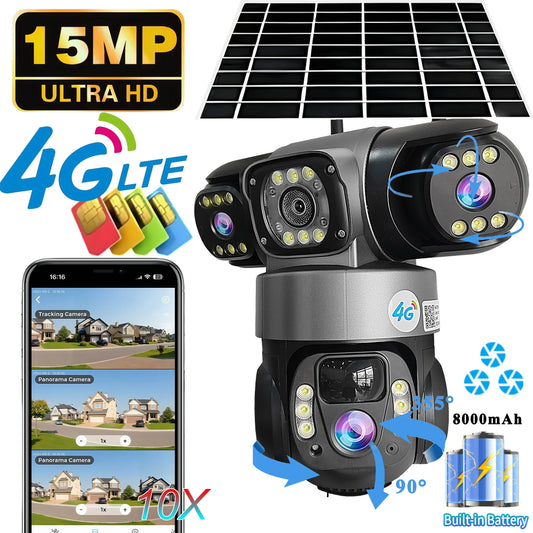 DS 360™ Sentinel 4G Pro 3 Lens  IP Solar Camera HD 15 MP Outdoor Waterproof CCTV Night Vision Two-Way Audio Camera Mobile Tracking 4G IP Camera